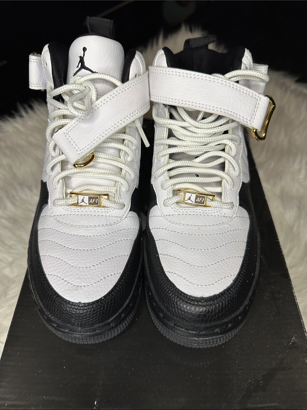 Nike Air Jordan 1 High Strap Sneakers - White & Black with Gold Accents size 6.5
